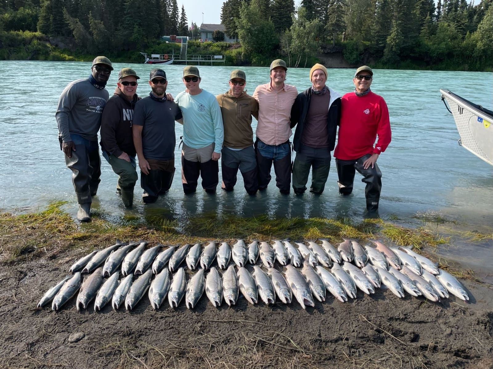 A guided group with a full day's catch of Kenai salmon